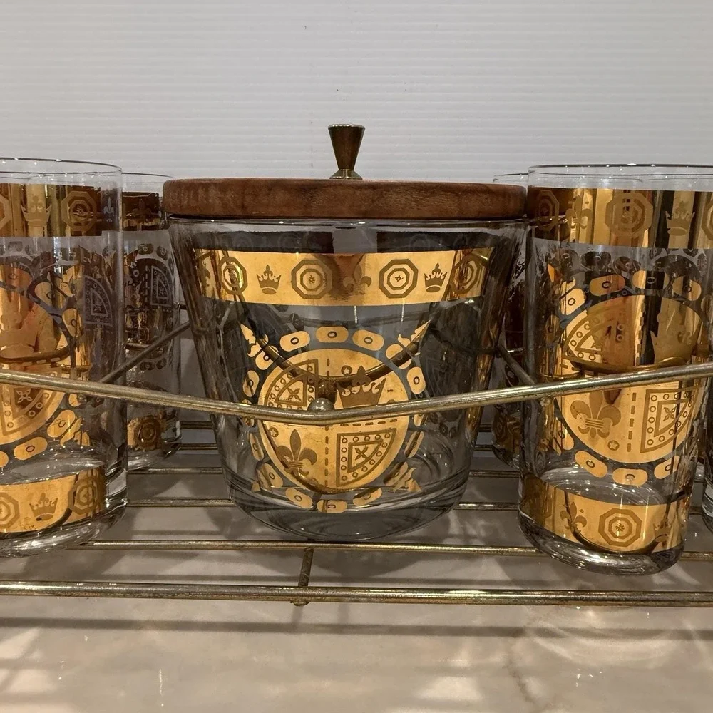 VTG MCM Vito Bari Barware Set 8 Highball Glasses, Ice Bucket & Caddy 22KT Gold